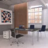 bardzo ładne nowoczesne biuro, drewno, beton, ciemne biurko