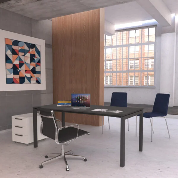 bardzo ładne nowoczesne biuro, drewno, beton, ciemne biurko