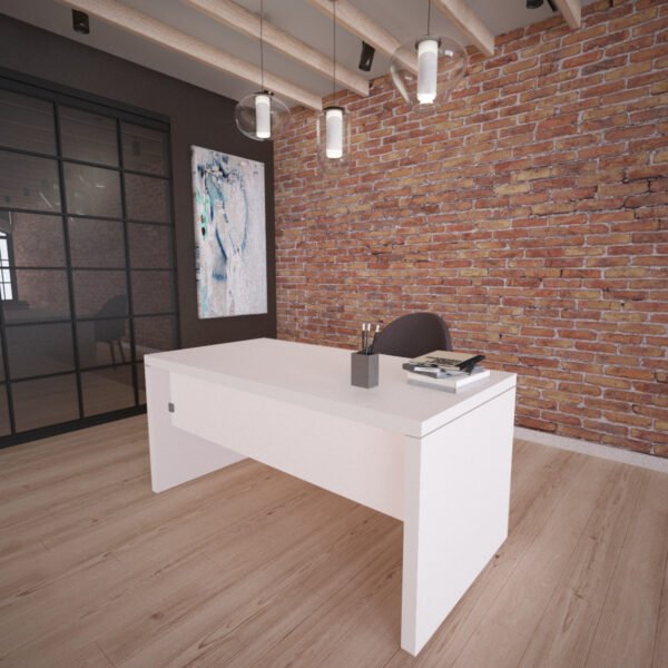 białe biurko z grubym blatem stojące obok loftowej ściany