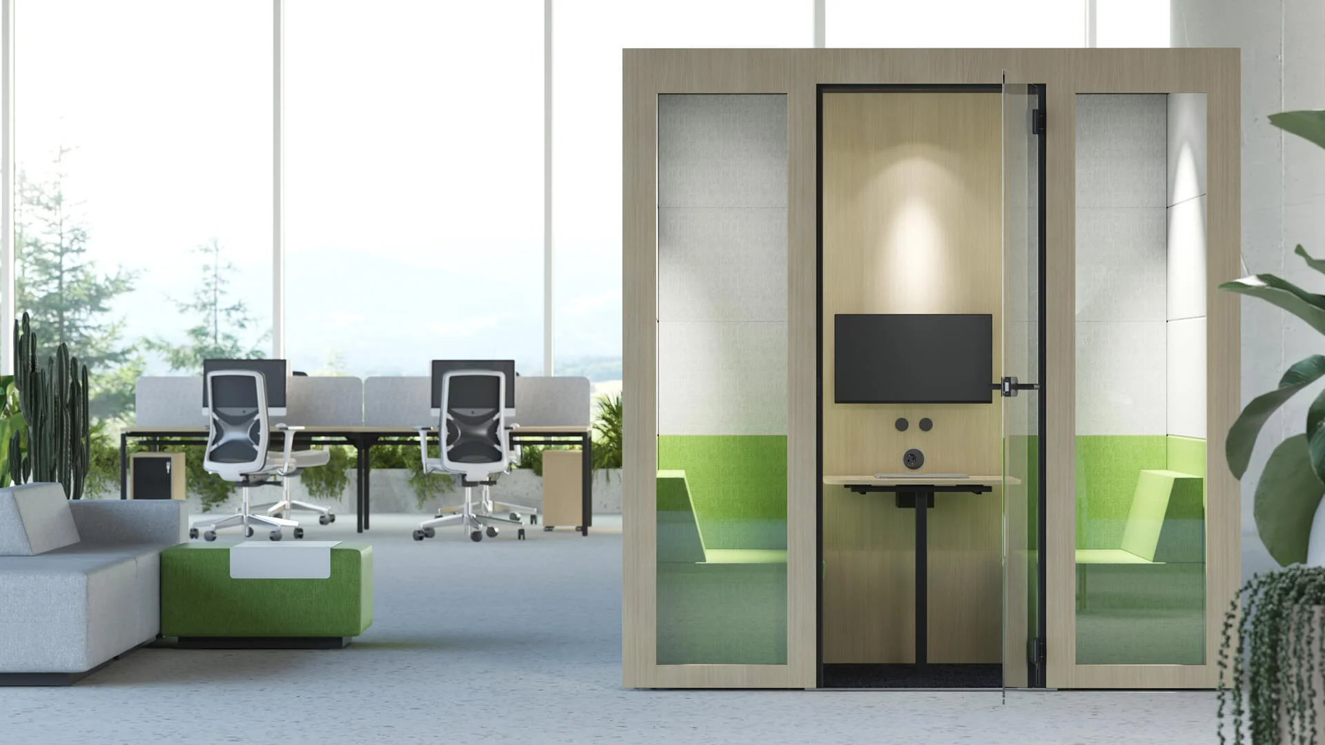 Wisniewski-Office-Acustic-budka-akustyczna-akustyka-w-biurze-biurowa-budka-telefoniczna-dzwiekochlonna (4) biuro z kwiatami i ściankami tapicerowanymi