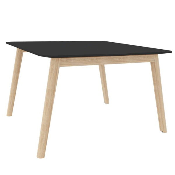 stół z czarnym blatem i drewnianymi nogami